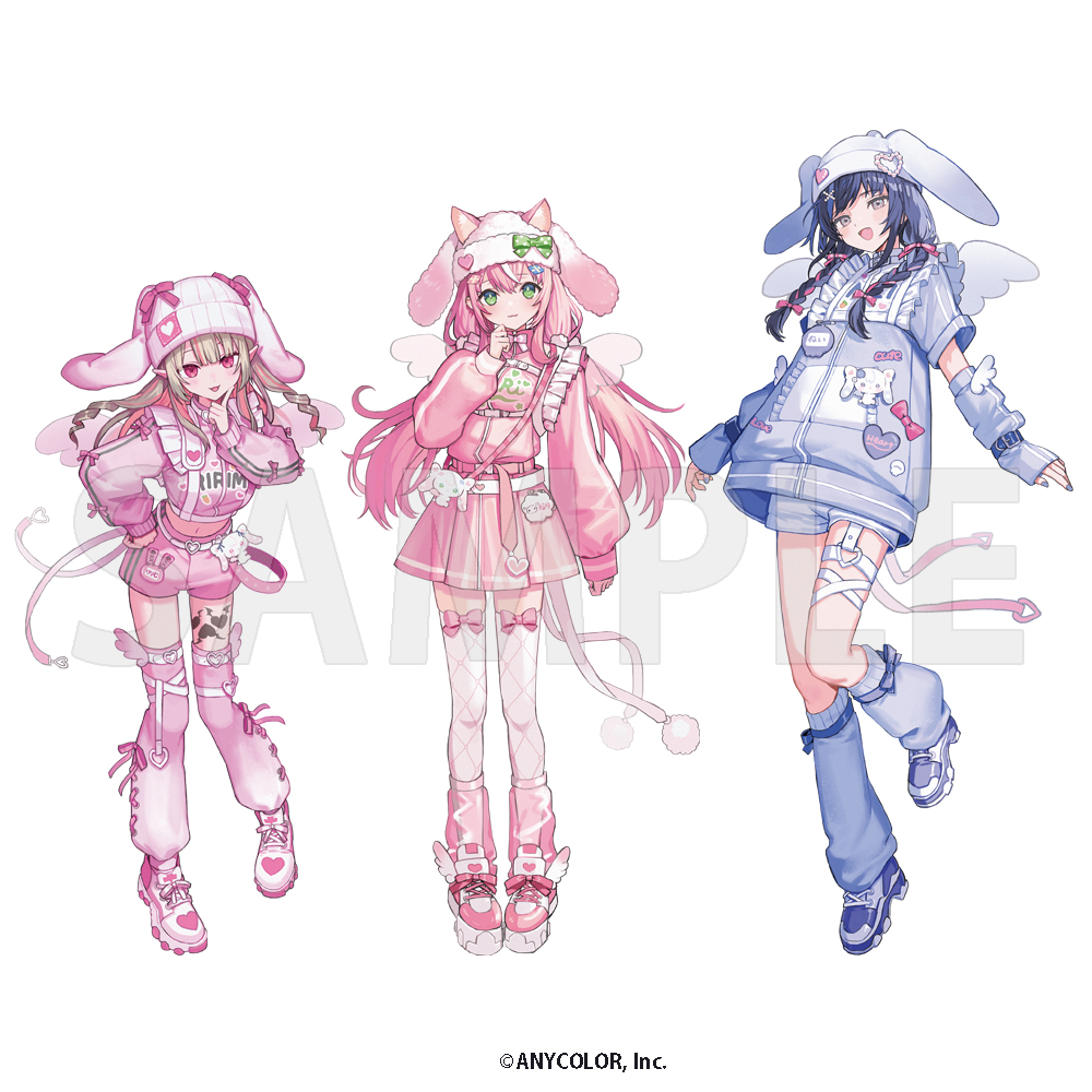 3girls blonde_hair blue_hair blue_hat blue_jacket blue_nails blue_shorts blue_sleeves blush bow bowtie braid commentary_request copyright_notice cropped_jacket detached_sleeves dot_nose drill_hair frilled_jacket frills full_body green_eyes grey_eyes hair_bow hair_ornament hand_on_own_hip hat hat_ribbon hat_with_ears heart heart_print jacket leg_tattoo long_hair long_sleeves looking_at_viewer makaino_ririmu multiple_girls nana_tetra nijisanji nijisanji_kr open_mouth pink_bow pink_bowtie pink_hair pink_hat pink_jacket pink_ribbon pink_shorts pink_skirt pointy_ears ponto_nei puffy_long_sleeves puffy_sleeves purple_eyes ribbon sample_watermark shoes short_shorts shorts simple_background skirt sneakers standing tattoo thigh_strap thighhighs tongue tongue_out twin_braids twin_drills virtual_youtuber watermark white_background white_thighhighs x_hair_ornament yang_nari zettai_ryouiki