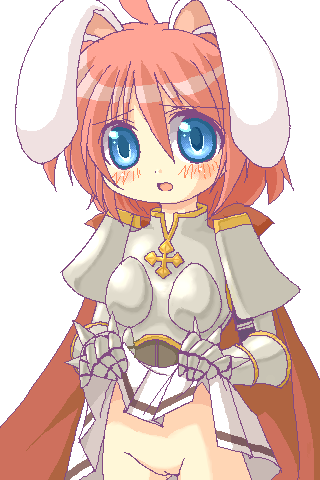 1girl 2000s_(style) animal_ears armor blue_eyes blush boobplate breastplate cape commentary_request cowboy_shot cross lifting_own_clothes looking_at_viewer lord_knight_(ragnarok_online) lowres miniskirt no_panties oekaki open_mouth pauldrons pink_hair pussy rabbit_ears rabbit_girl ragnarok_online raised_inner_eyebrows red_cape shirokuro_(lapinnoir) short_hair shoulder_armor simple_background skirt solo spiked_gauntlets uncensored white_background white_skirt