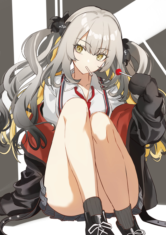 1girl black_jacket breasts candy collared_shirt fate/grand_order fate_(series) flower food gradient_hair grey_hair grey_skirt hair_flower hair_ornament jacket lollipop long_hair long_sleeves looking_at_viewer marie_antoinette_(fate) marie_antoinette_alter_(fate) medium_breasts multicolored_hair multicolored_jacket necktie neko_daruma off_shoulder red_jacket school_uniform shirt shoes sidelocks skirt sneakers solo suspender_skirt suspenders thighs two-tone_jacket white_hair white_shirt yellow_eyes