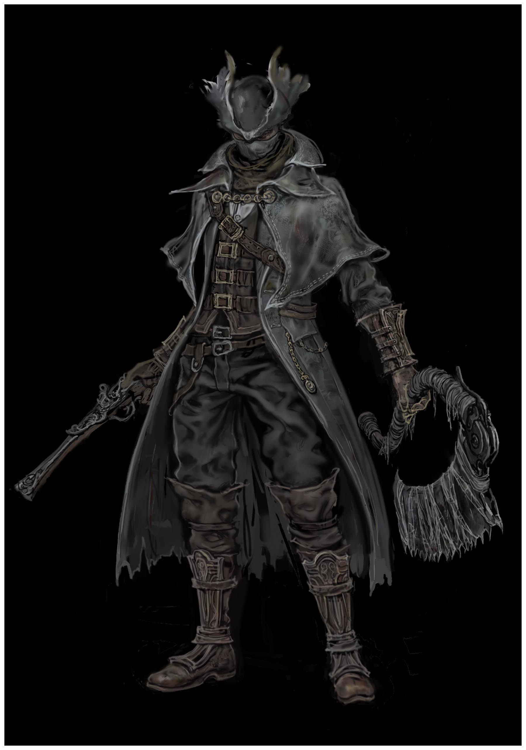 1boy absurdres antique_firearm bandana belt black_bandana black_belt black_coat black_mask black_pants bloodborne bracer brown_gloves brown_vest capelet coat firearm firelock flintlock gloves grey_capelet gun handgun hat highres holding holding_gun holding_saw holding_weapon hunter_(bloodborne) leather leather_gloves long_sleeves pants pocket_watch red_eyes robinrot simple_background solo tricorne vest watch weapon