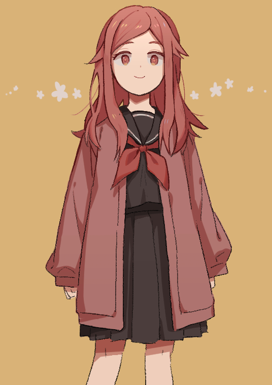 1girl arms_at_sides black_skirt closed_mouth feet_out_of_frame jacket kunichika_yuu long_hair long_sleeves looking_at_viewer miniskirt nana_0253 neckerchief pleated_skirt puffy_long_sleeves puffy_sleeves red_eyes red_hair red_jacket red_neckerchief school_uniform serafuku simple_background skirt smile solo standing world_trigger yellow_background
