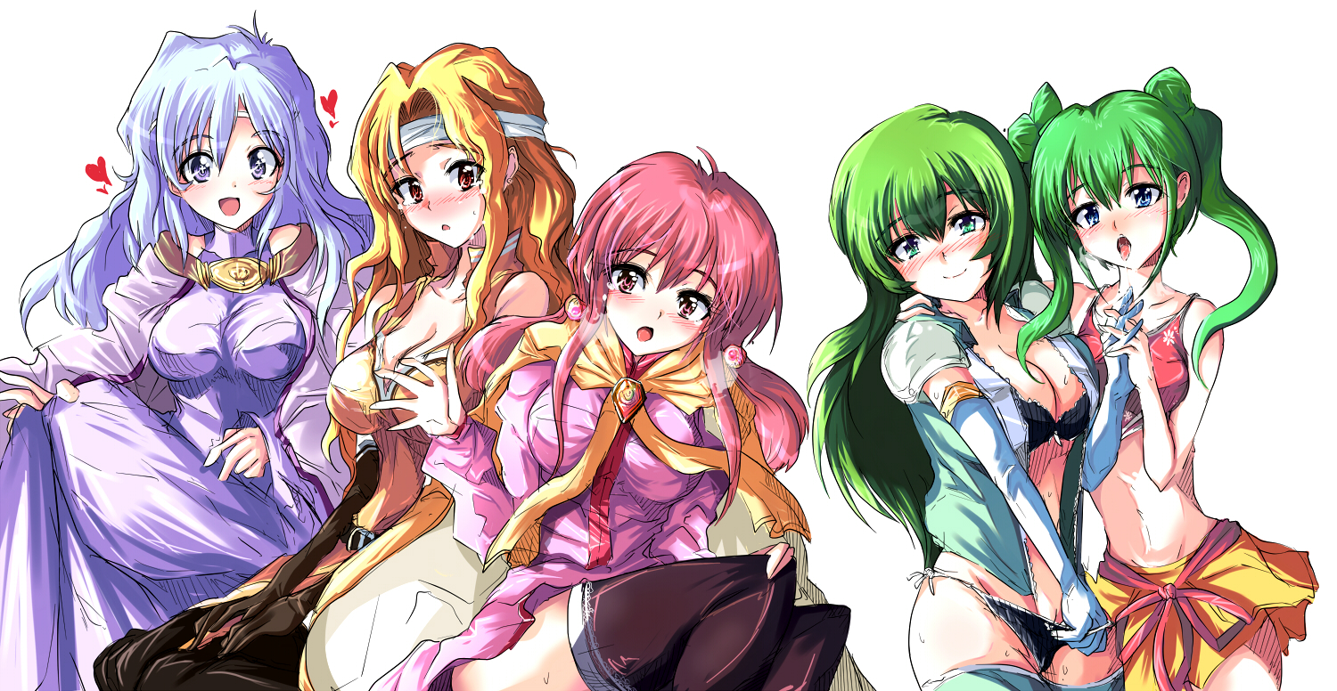 5girls bad_id bad_pixiv_id bare_shoulders blonde_hair blush breasts brigid_(fire_emblem) deirdre_(fire_emblem) dress echizen_(hvcv) erinys_(fire_emblem) ethlyn_(fire_emblem) female_focus fire_emblem fire_emblem:_genealogy_of_the_holy_war green_hair harem headband long_hair long_sleeves looking_at_viewer matching_hair/eyes midriff multiple_girls nintendo open_mouth pink_eyes pink_hair purple_dress purple_hair silvia_(fire_emblem) smile thighhighs underwear