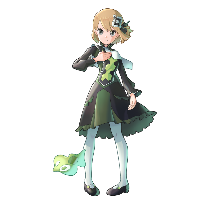 1girl ascot black_footwear blonde_hair buttons closed_mouth commentary dress eyelashes ffccll frills full_body gen_6_pokemon grey_eyes hair_ribbon hand_up knees legendary_pokemon long_sleeves nintendo official_alternate_costume pantyhose pigeon-toed pokemon pokemon_(creature) pokemon_masters_ex ribbon serena_(pokemon) serena_(sygna_suit)_(pokemon) shoes short_hair smile standing symbol-only_commentary transparent_background white_ascot white_pantyhose zygarde zygarde_cell