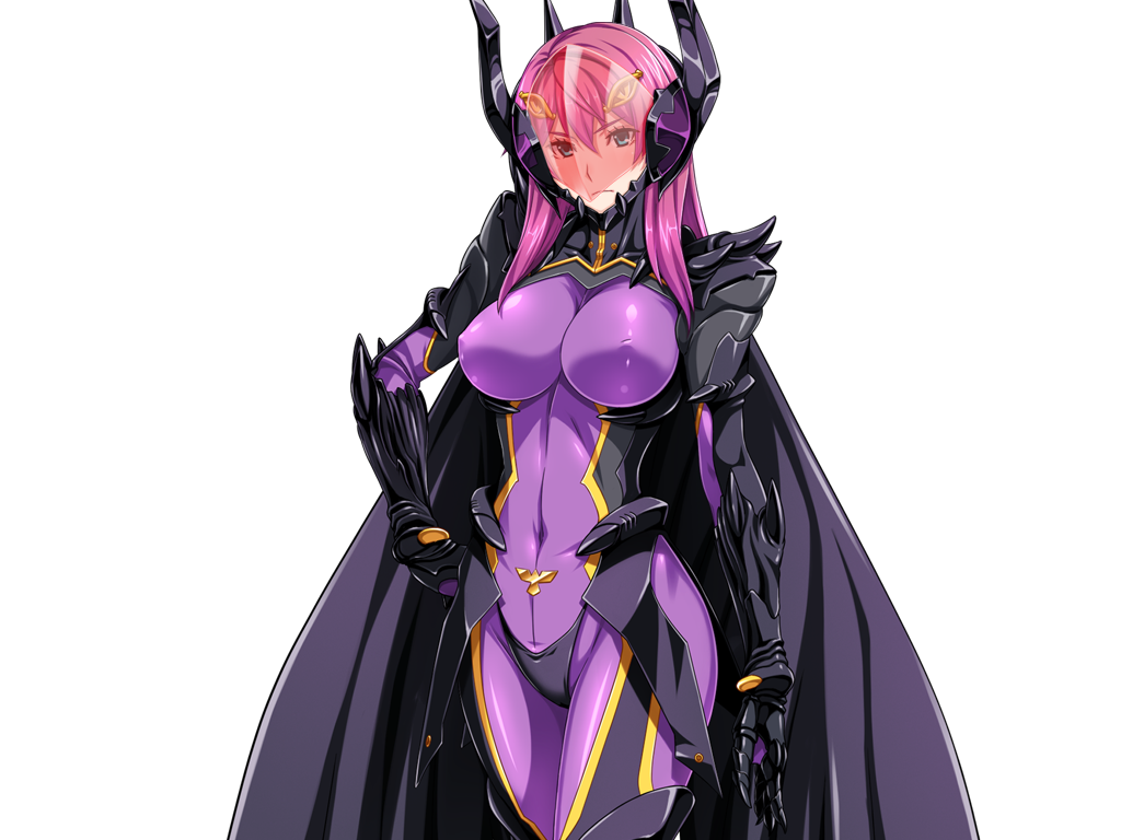 1girl armor bodysuit breasts cape covered_erect_nipples covered_navel cowboy_shot dark_reica game_cg gentle_sasaki hand_on_own_hip horns large_breasts large_variant_set long_hair looking_at_viewer non-web_source official_art pink_hair purple_bodysuit shindou_hatsune skin_tight solo soukou_senki_prism_reica transparent_background variant_set