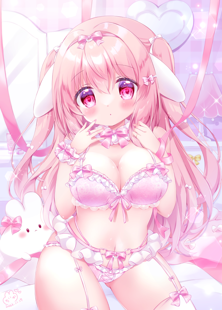 1girl animal_ears blush bow bow_bra bow_hair_ornament bow_panties bra breasts chiika_(cure_cherish) cleavage cowboy_shot fake_animal_ears frilled_bra frilled_panties frills hair_ribbon hands_up large_breasts lingerie long_hair nail_polish original panties parted_lips pink_bra pink_eyes pink_hair pink_nails pink_panties pink_ribbon pink_theme rabbit_ears ribbon solo two_side_up underwear wrist_cuffs yume_kawaii