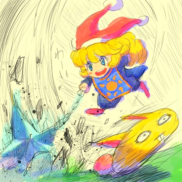 blonde_hair blue_eyes charlotte_(seiken_densetsu_3) child curly_hair flail hat jester_cap long_hair rabite_(seiken_densetsu) seiken_densetsu seiken_densetsu_3 square_enix weapon