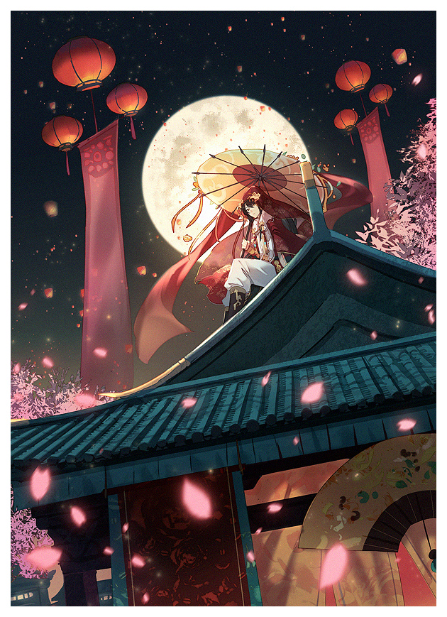 1boy architecture black_boots black_hair boots border bridal_veil building cherry_blossoms chinese_clothes closed_mouth daughter&#039;s_red_(the_tale_of_food) east_asian_architecture expressionless falling_petals feet_out_of_frame flower folding_fan full_moon hair_between_eyes hand_fan hanfu high_ponytail holding holding_umbrella lantern long_hair long_sleeves looking_at_viewer male_focus moon night oil-paper_umbrella on_roof orange_flower pants paper_lantern petals pink_flower ponytail red_robe red_veil robe sitting sitting_on_roof sky_lantern solo the_tale_of_food toruglose tree umbrella umbrella_flower veil white_border white_pants yellow_eyes yellow_umbrella