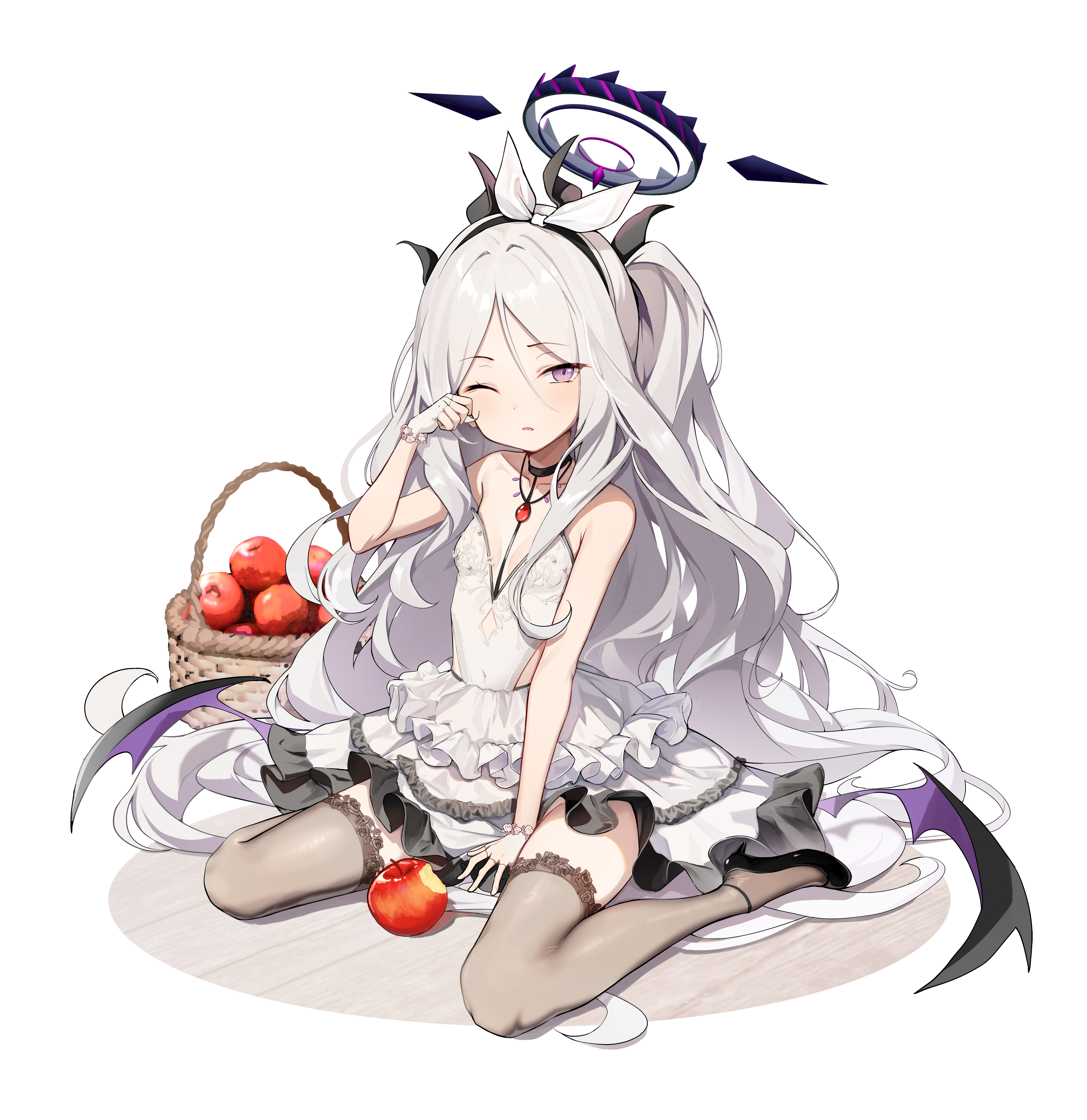 1girl absurdres apple basket black_horns black_thighhighs blue_archive commentary dampi demon_girl demon_horns demon_wings dress english_commentary fingerless_gloves food fruit gloves hair_ornament hair_ribbon halo high_heels highres hina_(blue_archive) horns long_hair low_wings multiple_horns one_eye_closed purple_eyes apple ribbon simple_background sitting solo thighhighs wariza white_background white_dress white_gloves white_hair wings
