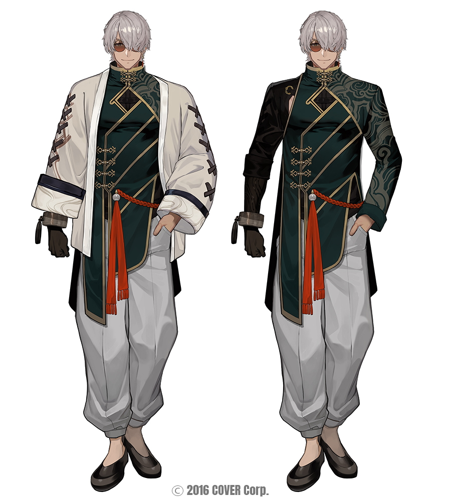 1boy alternate_costume arm_at_side armpit_cutout arurandeisu arurandeisu_(3rd_costume) asymmetrical_sleeves black_gloves black_shoes black_sleeves changpao chinese_clothes closed_mouth clothing_cutout copyright_notice cross-laced_clothes cross-laced_sleeves cuffs earrings flats full_body glasses gloves green_eyes green_shirt grey_hair grey_pants hair_over_one_eye hand_in_pocket holostars jacket jewelry lack looking_at_viewer male_focus mismatched_sleeves official_art one_eye_covered open_clothes open_jacket orange-tinted_eyewear pants patterned_clothing print_shirt reference_sheet rope_belt shackles shirt shoes short_hair simple_background single_earring single_glove sleeve_cuffs smile solo standing straight-on sunglasses tassel tassel_earrings tinted_eyewear variations virtual_youtuber white_background white_jacket