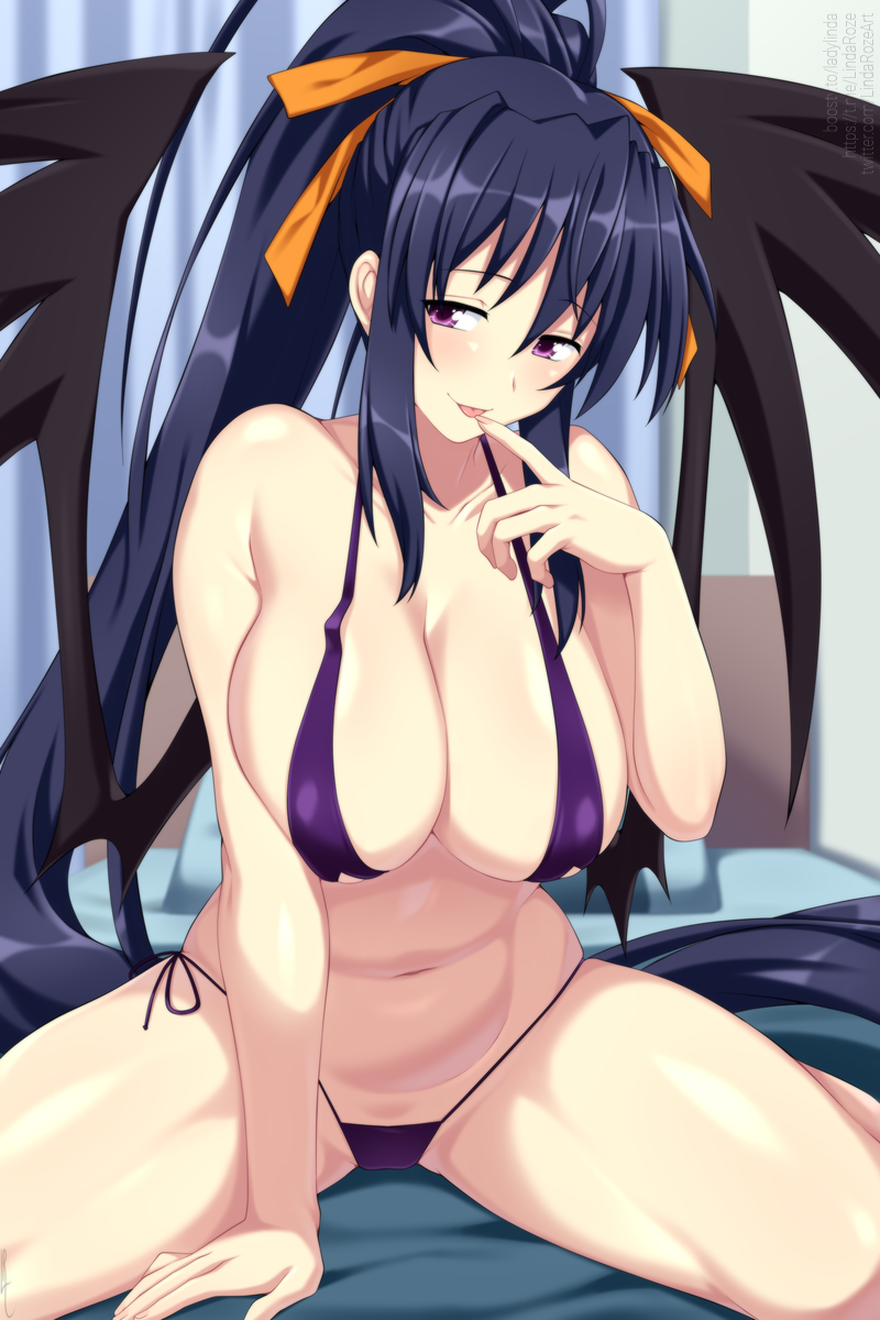 1girl :p bikini black_wings breasts commentary english_commentary hair_ribbon halterneck high_school_dxd highres himejima_akeno large_breasts lindaroze long_hair naughty_face navel orange_ribbon ponytail purple_bikini purple_eyes ribbon side-tie_bikini_bottom sitting smile solo stomach swimsuit tongue tongue_out wings