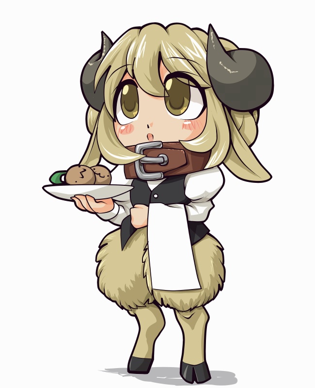 1boy :3 animal_ears blush blush_stickers butler collar creature futaba_channel hooves horns imoge kuma_(kumahoihoi) male_focus monster_boy os-tan sheep shitsuji simple_background solo standing waiter white_background