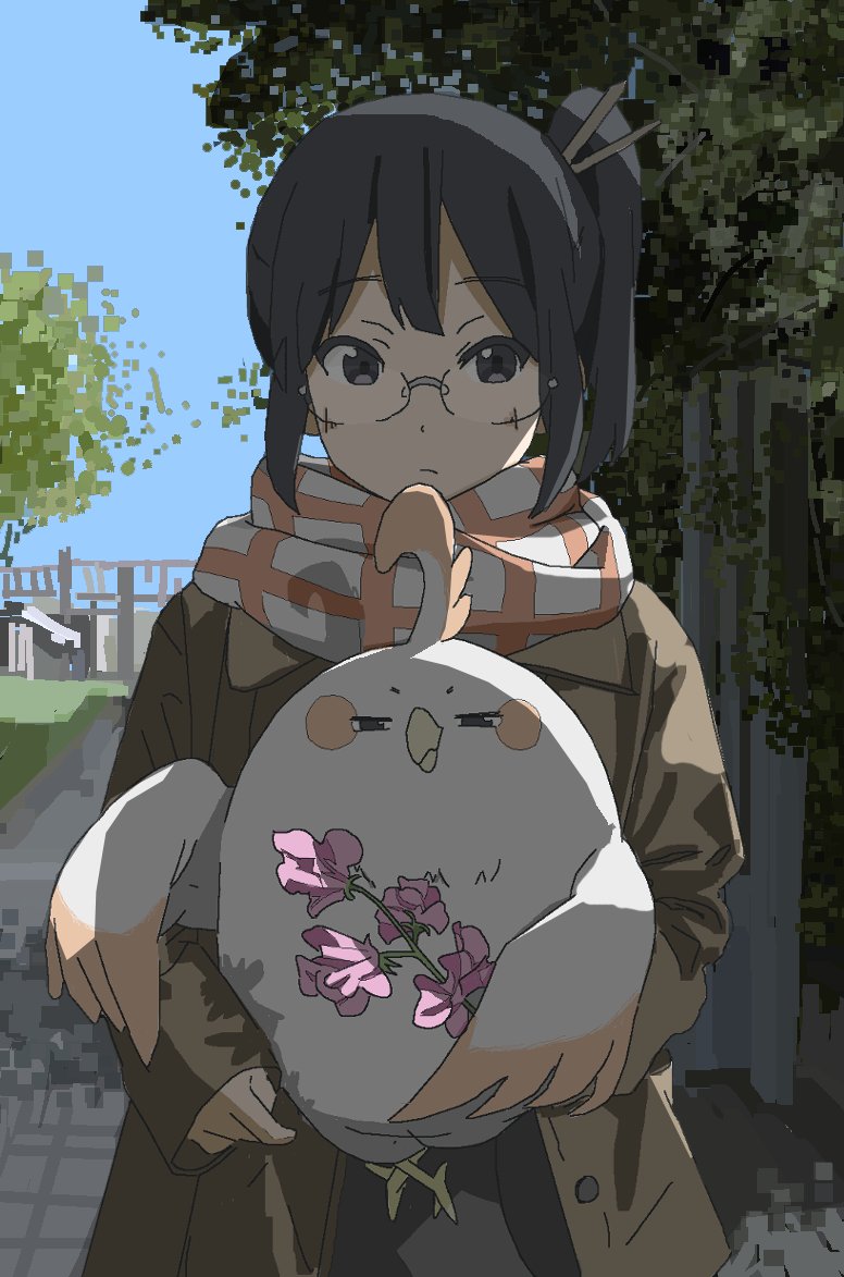 1girl asagiri_shiori bird black_eyes black_hair brown_coat checkered_clothes checkered_scarf coat dera_mochimazzui flower glasses holding holding_flower long_sleeves prasetyoadii22 scarf side_ponytail sidelocks sleeves_past_wrists tamako_market tree