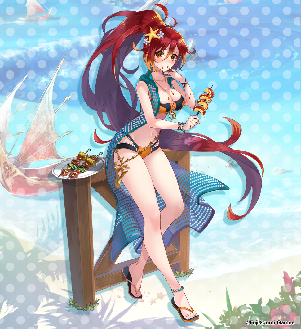 1girl bare_shoulders bikini black_bikini blush bracelet breasts cleavage commentary_request company_name eating finger_in_own_mouth food full_body hair_between_eyes jewelry large_breasts littu_(phantom_of_the_kill) long_hair looking_at_viewer multicolored_bikini navel official_alternate_costume official_art oimo_(gumi) orange_bikini phantom_of_the_kill plate polka_dot polka_dot_background ponytail red_hair sandals second-party_source solo standing starfish_hair_ornament swimsuit thighs two-tone_bikini very_long_hair