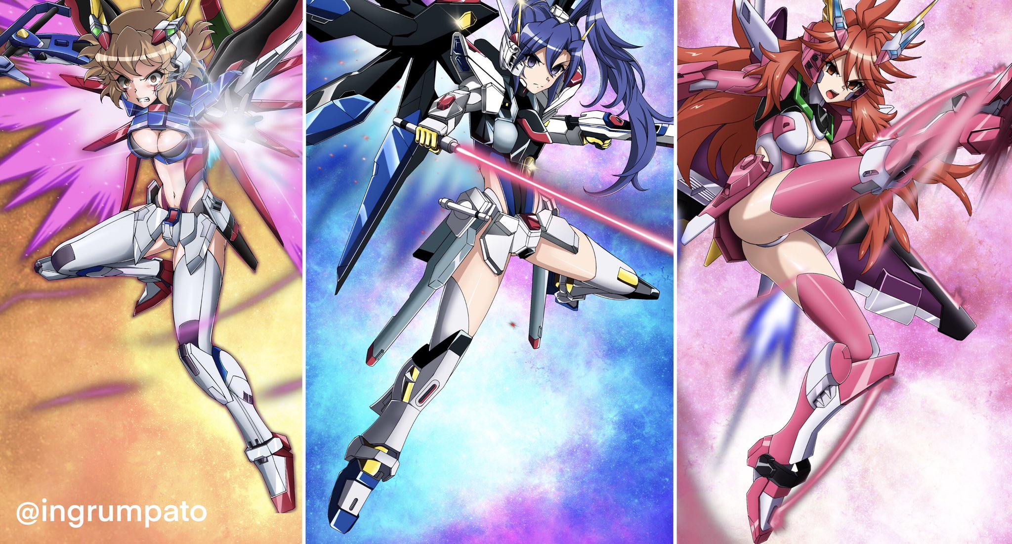 3girls ahoge amou_kanade armor armored_boots ass asymmetrical_dual_wielding beam_rifle blue_eyes blue_hair blue_leotard bodysuit boots breasts brown_eyes brown_hair cleavage cosplay crossed_bangs destiny_gundam destiny_gundam_(cosplay) double_blade dual_wielding energy_gun energy_sword fin_funnels funnels_(gundam) gloves gun gundam gundam_seed gundam_seed_destiny hair_between_eyes hair_ornament hairclip highres holding holding_gun holding_sword holding_weapon infinite_justice_gundam infinite_justice_gundam_(cosplay) kazanari_tsubasa kyomeihibiki large_breasts leotard long_hair looking_at_viewer mecha_danshi mecha_musume mechanical_wings medium_breasts metal_gloves multicolored_leotard multiple_girls multiple_weapons navel one_side_up open_hands orange_eyes pink_thighhighs power_armor purple_eyes red_eyes red_hair senki_zesshou_symphogear senki_zesshou_symphogear_xd_unlimited short_hair small_breasts space strike_freedom_gundam strike_freedom_gundam_(cosplay) sword tachibana_hibiki_(another)_(symphogear) tachibana_hibiki_(symphogear) thighhighs thighhighs_under_boots thrusters very_long_hair weapon wings yellow_gloves