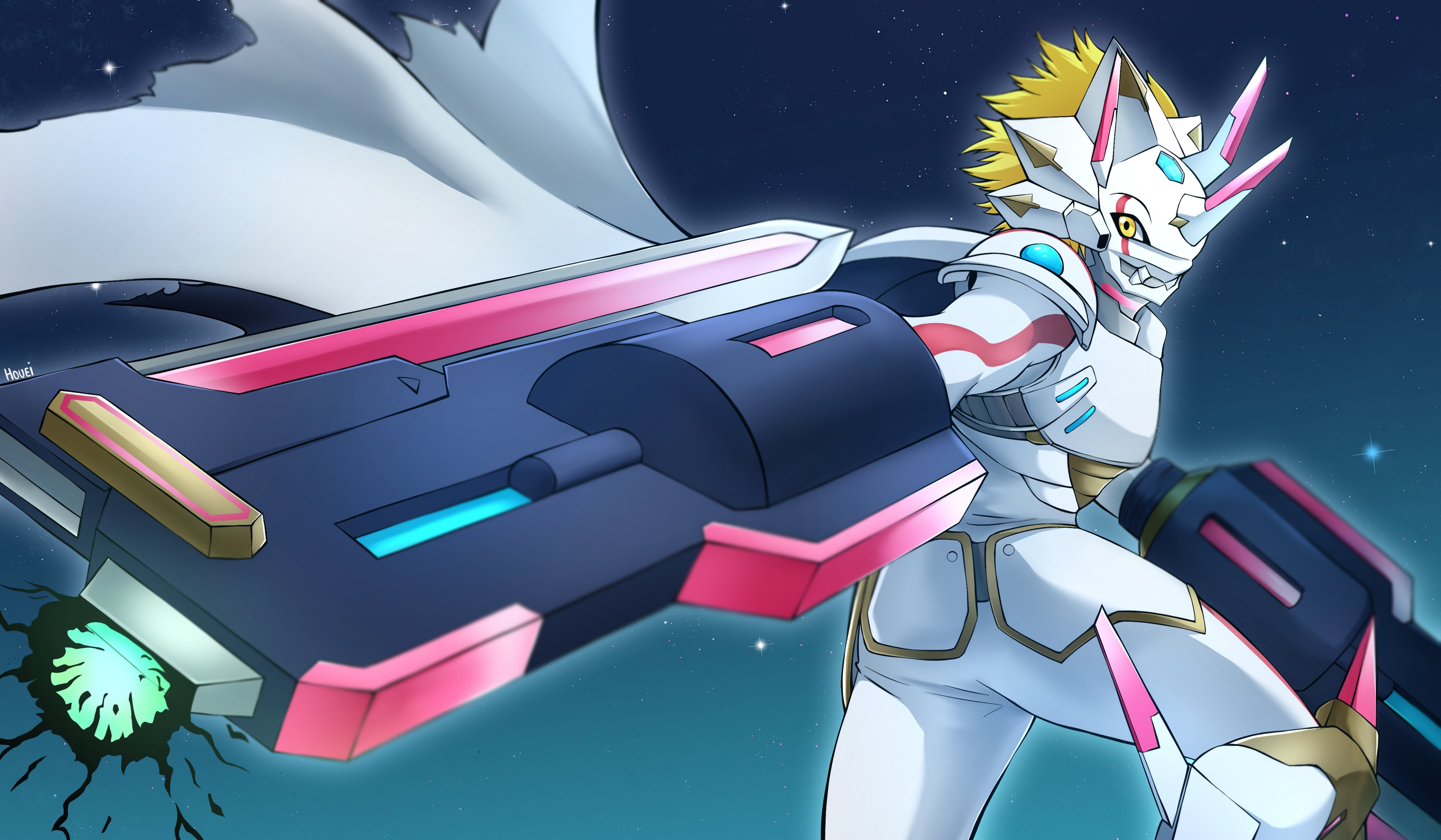 absurdres arm_cannon armor blonde_hair cape cowboy_shot digimon digimon_(creature) digimon_ghost_game dragon from_behind highres horns houei4 siriusmon solo spiked_hair weapon white_armor white_cape