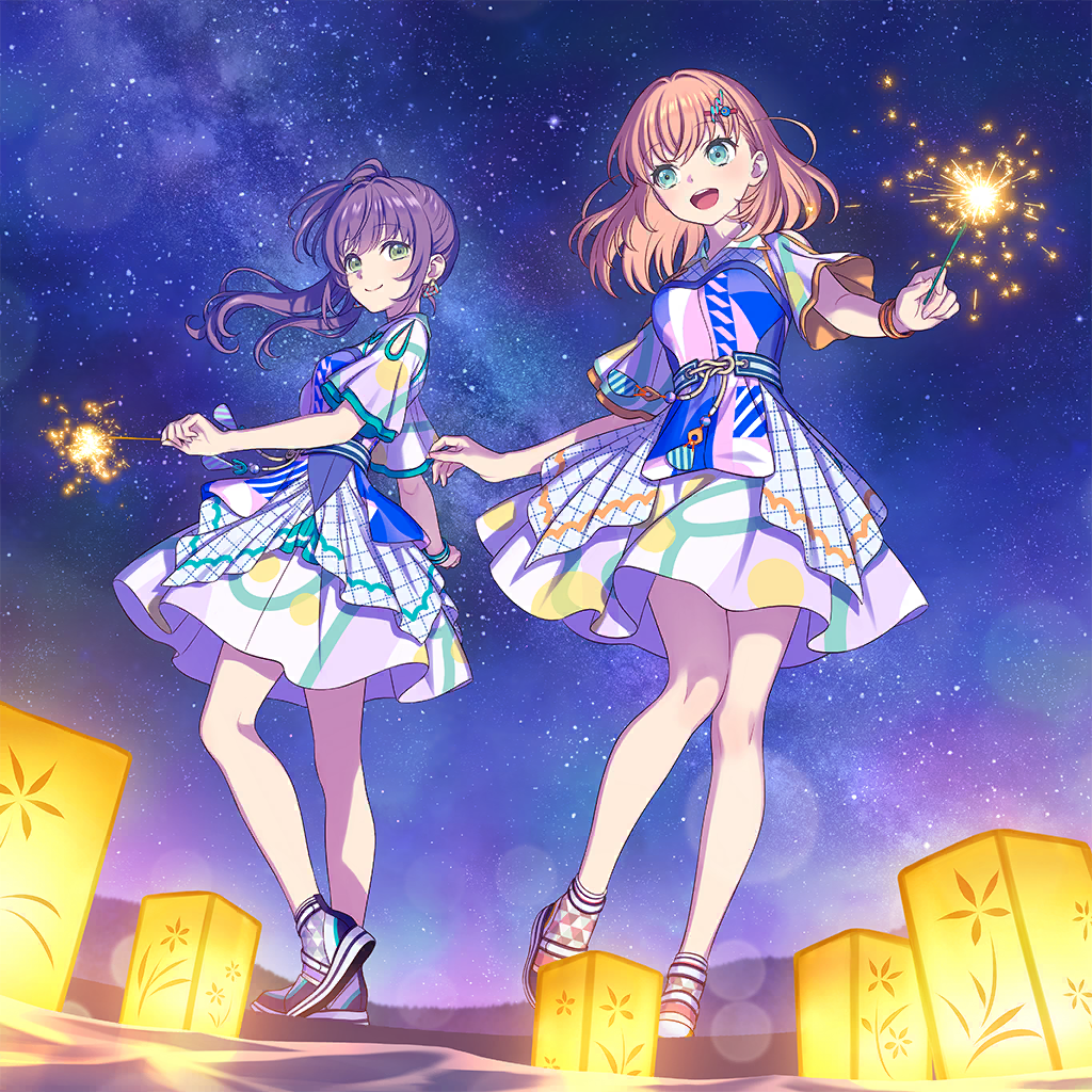 2girls :d album_cover aqua_eyes bracelet breasts collared_dress cover dress earrings fireworks full_body game_cg genyo_yako green_eyes group_name hair_ornament hinoshita_kaho holding holding_fireworks idol_clothes jewelry lantern link!_like!_love_live! logo lone_nape_hair long_hair looking_at_another looking_at_viewer love_live! medium_breasts medium_hair morikura_en multicolored_dress multicolored_footwear multiple_bracelets multiple_girls non-web_source official_alternate_costume official_art open_mouth orange_hair otomune_kozue paper_lantern purple_hair short_sleeves sidelocks sky smile sparkler star_(sky) starry_sky teeth textless_version triangle_earrings upper_teeth_only virtual_youtuber