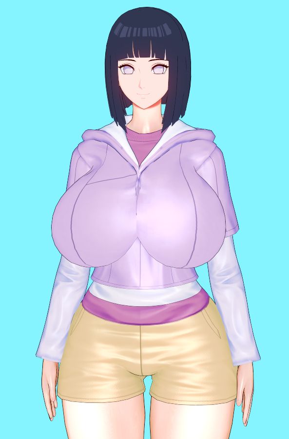1girl beige_shorts black_hair bob_cut boruto:_naruto_next_generations breasts female_pervert hood hood_down hooded_jacket hoodie huge_breasts hyuuga_hinata jacket mature_female medium_hair naruto_(series) pervert presenting pupiless_eyes purple_hoodie purple_jacket sexually_suggestive short_hair shorts smile tagme thighs