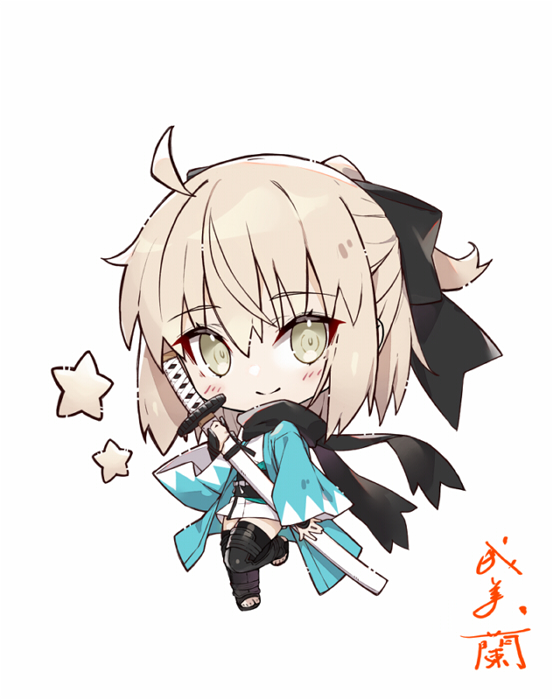 1girl ahoge arm_guards black_boots black_bow boots bow brown_eyes brown_hair chibi closed_mouth commentary_request fate_(series) full_body gabiran hair_bow holding holding_sheath japanese_clothes katana kimono koha-ace long_hair long_sleeves looking_at_viewer obi okita_souji_(fate) okita_souji_(koha-ace) open_clothes ponytail sash sheath sheathed signature simple_background smile solo star_(symbol) stirrup_footwear sword thigh_boots weapon white_background white_kimono wide_sleeves