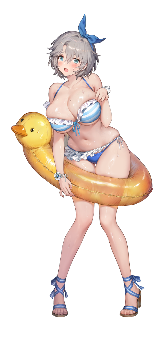 1girl adjusting_clothes armpits bikini blue_bikini blue_eyes blue_ribbon blush bracelet breasts breasts_squeezed_together brown_dust_(series) brown_dust_2 cropped duck_innertube eyebrows_hidden_by_hair full_body grey_hair groin hair_between_eyes hair_ribbon highres huge_breasts jewelry knees_together_feet_apart leaning_forward looking_at_viewer navel official_art platform_footwear platform_heels ribbon second-party_source simple_background solo swimsuit teresse_(beachside_angel)_(brown_dust) teresse_(brown_dust) third-party_edit toes