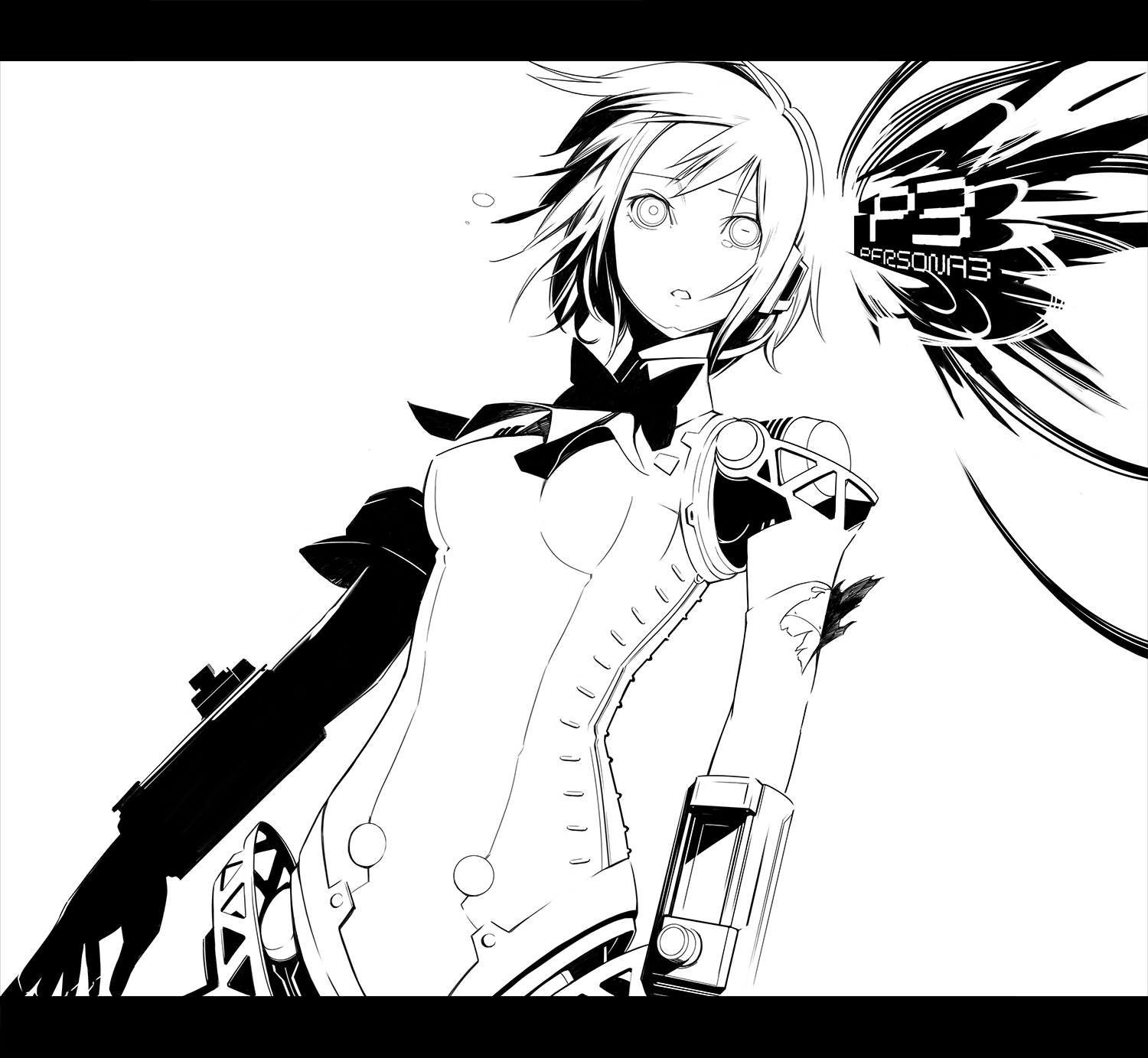 1girl aigis_(persona) android armband ascot atlus copyright_name elbow_gloves female_focus gajuumaru gloves greyscale headphones high_contrast highres joints monochrome persona persona_3 robot robot_joints short_hair solo torn_clothes torn_gloves