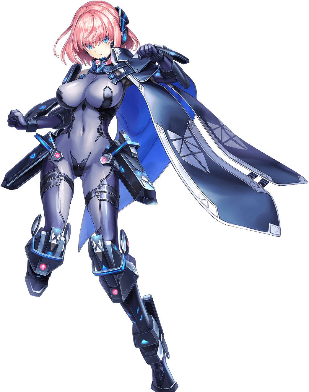 1girl armored_boots artist_request blue_eyes boots breasts cape collar covered_navel full_body game_cg highres long_sleeves metal_collar official_art pink_hair quell_(unitia) solo source_request transparent_background unitia