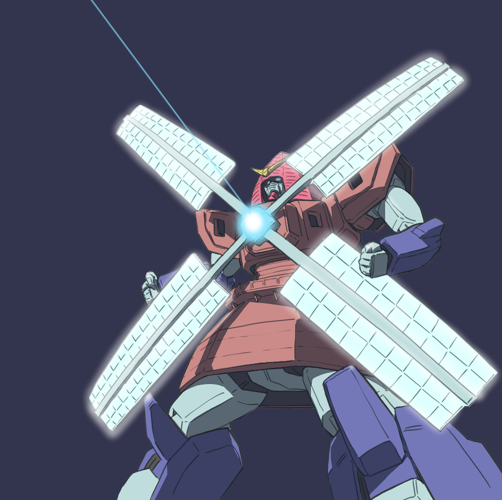 1boy beam blue_eyes clenched_hands commentary_request g_gundam glowing gundam gundam_x mecha nether_gundam niiyan no_humans parody purple_background robot satellite_cannon shadow simple_background solo