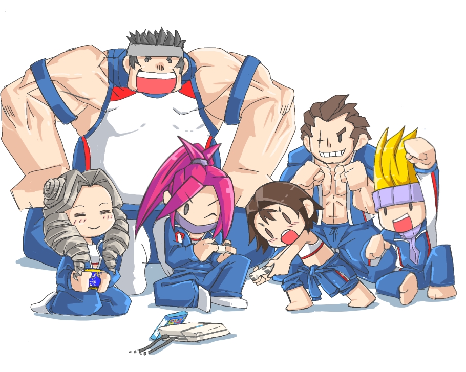 3boys 3girls =_= armband black_eyes blonde_hair blush brother_and_sister brown_eyes brown_hair chibi clothes_around_waist commentary_request controller drill_hair game_console game_controller grin headband himezaki_aoi isurugi_gan jacket jacket_around_waist justice_gakuen kazama_akira kazama_daigo kirishima_yurika mask mr_kunimitsu multiple_boys multiple_girls one_eye_closed open_mouth pants pink_hair platinum_blonde_hair playstation_4 ponytail raised_fist scar scar_across_eye scar_on_face siblings smile street_fighter street_fighter_v tank_top track_jacket track_pants track_suit turtleneck twin_drills yamada_eiji
