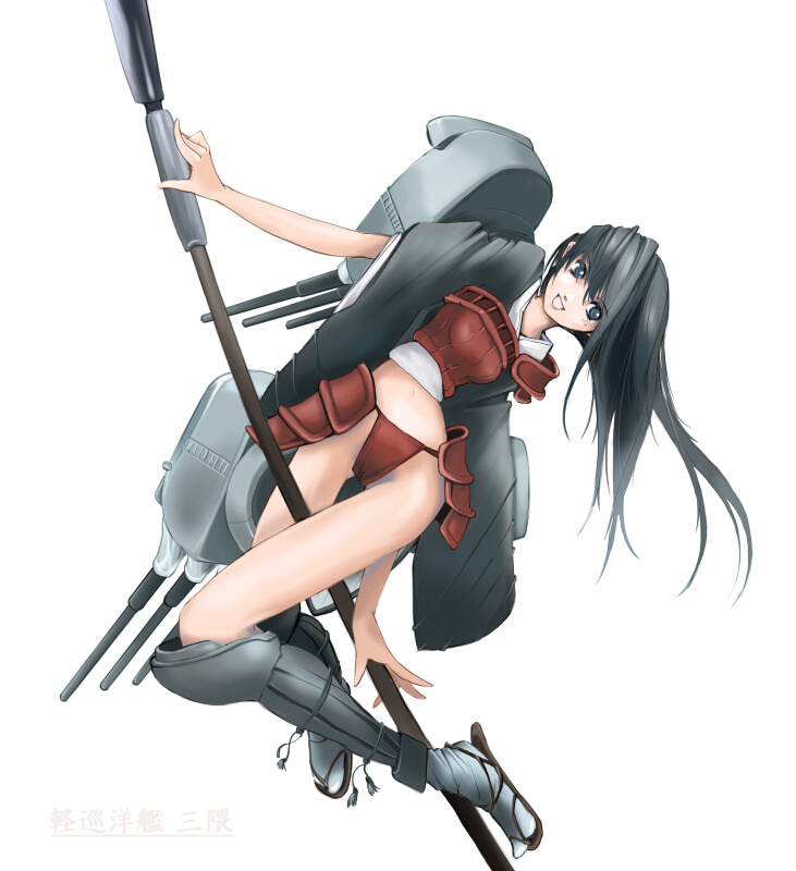 1girl armor black_hair blue_eyes cruiser female_focus fundoshi gun imperial_japanese_navy japanese_armor japanese_clothes kusazuri long_hair mecha_musume military military_vehicle naginata nano_(nanosize) navel open_mouth original personification polearm samurai ship ship_turret simple_background solo warship watercraft weapon white_background world_war_ii