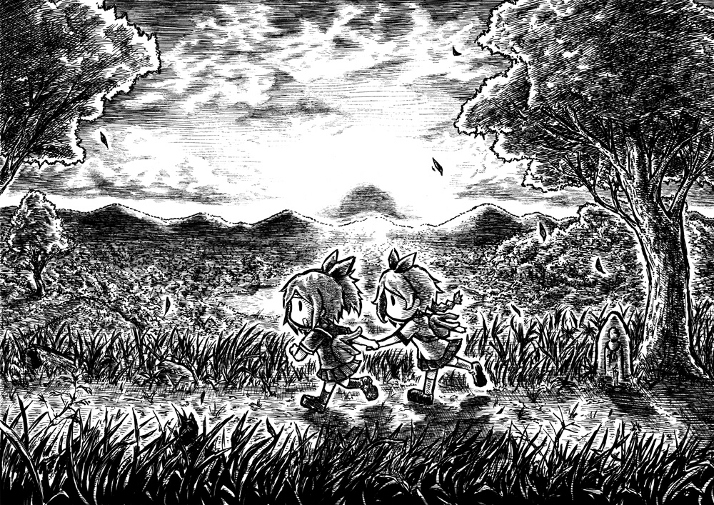 2girls bag bandages field grass hair_ribbon haru_(yomawari) holding_hands leaf monochrome mountain multiple_girls outdoors pleated_skirt ponytail ribbon shin_yomawari shoulder_bag skirt sunset suzurantan traditional_media tree yomawari_(series) yui_(yomawari)
