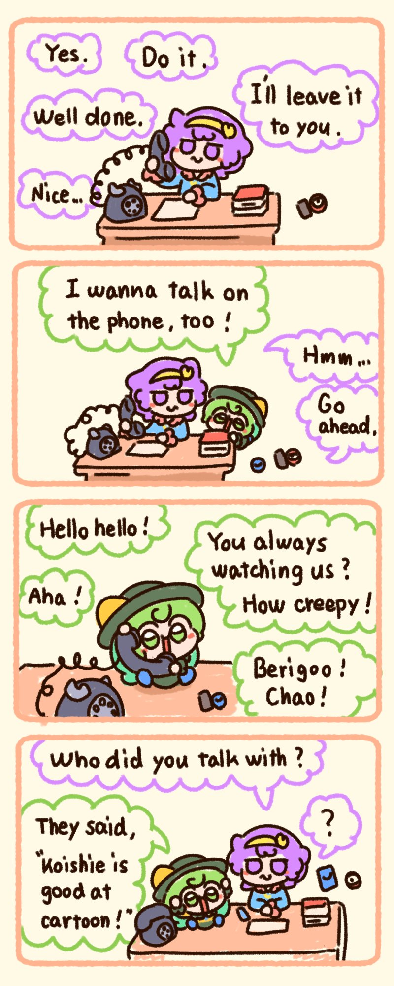 2girls 4koma :s ? black_headwear comic commentary english_commentary english_text fourth_wall green_eyes green_hair hairband highres holding holding_phone komeiji_koishi komeiji_satori multiple_girls numenoko phone pink_eyes pink_hair siblings sisters speech_bubble spoken_question_mark talking_on_phone tan_tan_pou third_eye touhou yellow_background yellow_hairband
