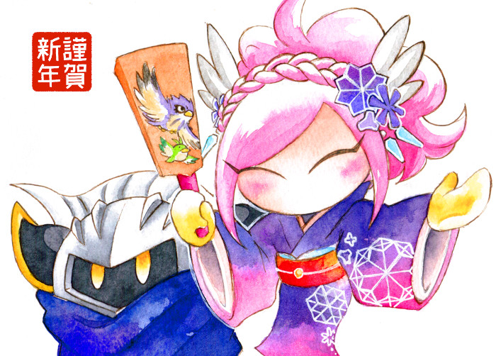 1boy 1girl alternate_costume armor cape closed_eyes coo_(kirby) hagoita hitimiko31647 japanese_clothes kimono kirby:_planet_robobot kirby_(series) mask meta_knight new_year nintendo paddle painting_(medium) pauldrons pink_hair pitch_(kirby) purple_kimono shoulder_armor susie_(kirby) traditional_media watercolor_(medium) wide_sleeves yellow_eyes