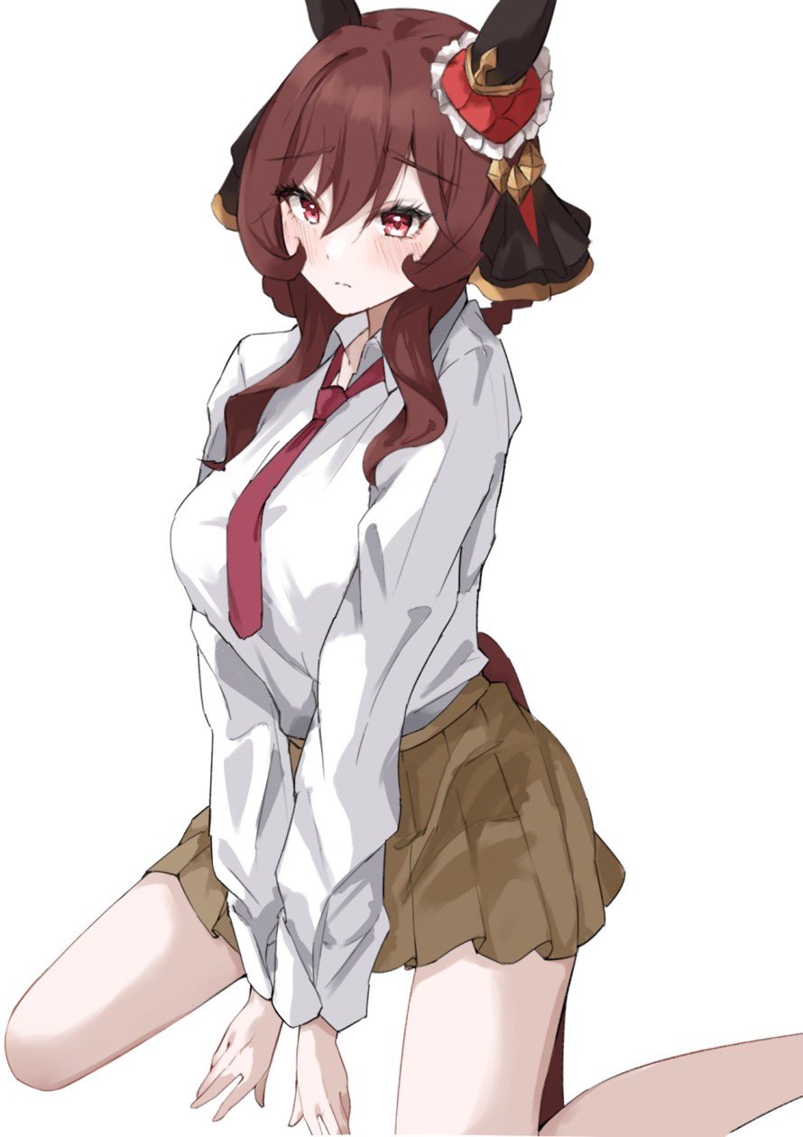 1girl animal_ears black_ribbon blush braid braided_hair_rings breasts brown_hair closed_mouth collared_shirt commentary_request ear_ornament embarrassed furrowed_brow gentildonna_(umamusume) green_eyes hair_between_eyes hair_ribbon hair_rings highres horse_ears horse_girl horse_tail kneeling large_breasts light_frown long_hair long_sleeves loose_necktie necktie pleated_skirt red_eyes red_necktie ribbon shirt shirt_tucked_in sidelocks simple_background skirt solo suketoudara_(suketodara) tail umamusume white_background white_shirt