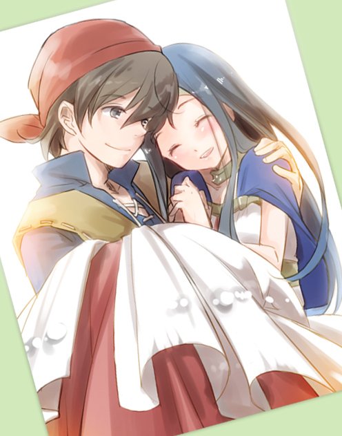1boy 1girl bandana black_eyes blue_capelet blue_shirt border brown_hair capelet carrying closed_eyes commentary_request couple dragon_quest dragon_quest_viii dress gold_choker green_border hanabi21dq hand_on_another&#039;s_arm hero_(dq8) hetero long_hair medea_(dq8) multicolored_dress open_mouth princess_carry red_bandana red_dress shirt smile vest white_dress yellow_vest