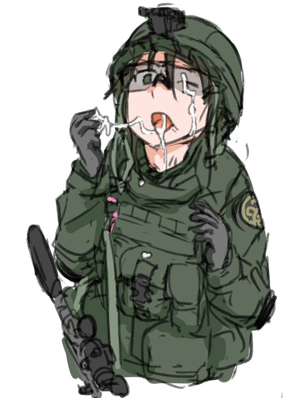 1girl bad_id bad_pixiv_id cum cum_in_mouth cum_on_body dutchko facial female_focus gloves gun helmet load_bearing_vest military military_combat_uniform military_uniform original rifle short_hair soldier solo weapon