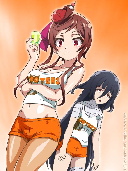 2girls bandabekken bandages bare_shoulders bird black_hair breasts brown_hair clothes_writing cup facing_viewer gradient_background hooters long_hair looking_at_viewer medium_hair midriff multiple_girls navel orange_background orange_shorts owl pantyhose revealing_clothes shirt short_shorts shorts simple_background sleeveless smile very_long_hair white_shirt yamada_tae yuugiri_(zombie_land_saga) zombie_land_saga