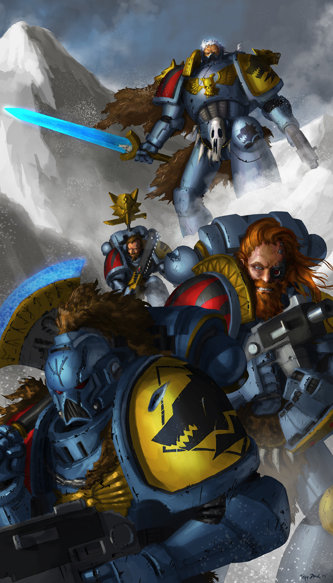 4boys adeptus_astartes armor highres holding holding_sword holding_weapon jeff_zhang male_focus mountain multiple_boys power_armor snow sword warhammer_40k weapon