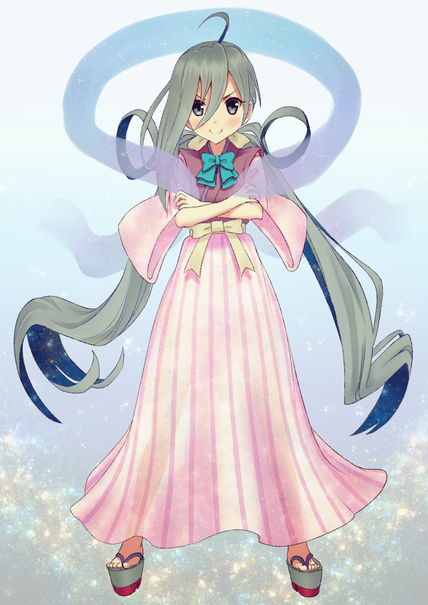 &gt;:) 1girl ahoge alternate_costume asymmetrical_hair blush bow bowtie commentary_request cosplay crossed_arms female_focus full_body grey_hair gunbuster_pose hair_between_eyes highres japanese_clothes kantai_collection kiyoshimo_(kancolle) kujira_naoto long_hair looking_at_viewer orihime_(cosplay) orihime_(tanabata) shawl smile solo standing tanabata very_long_hair wide_sleeves