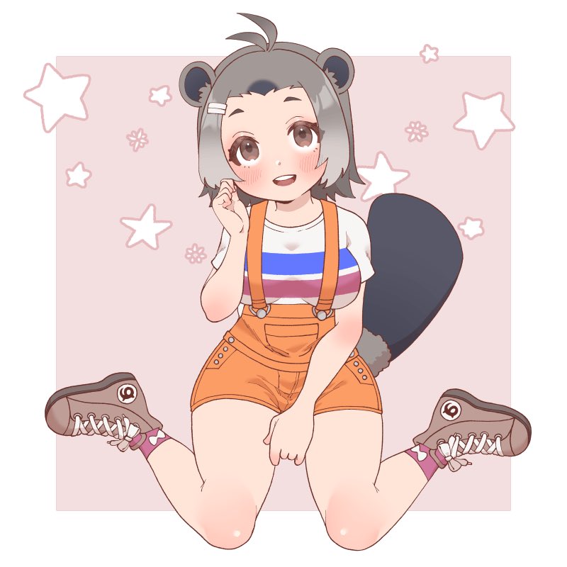 1girl alternate_costume american_beaver_(kemono_friends) animal_ears beaver_ears beaver_tail blue_shirt blush boots brown_boots brown_eyes brown_hair forehead grey_hair hair_ornament hairclip japari_symbol kemono_friends majikaru_pokonyan multicolored_shirt open_mouth orange_shorts pink_shirt pink_socks shirt short_sleeves shorts sidelocks smile socks solo striped_clothes striped_shirt suspender_shorts suspenders t-shirt tail white_shirt