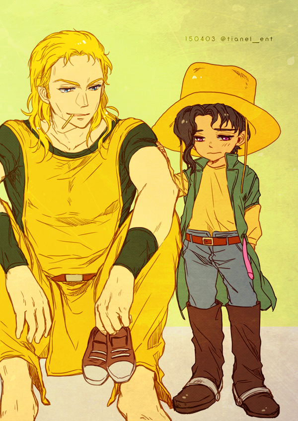 2boys barefoot black_hair blonde_hair blue_eyes blush boots cigarette cosplay costume_switch cowboy_boots cowboy_hat fusion hair_strand hat hol_horse holding holding_shoes holding_unworn_clothes jojo_no_kimyou_na_bouken kakyoin_noriaki long_hair male_focus multiple_boys oversized_clothes purple_eyes shoes sneakers tianel_ent unworn_hat unworn_headwear unworn_shoes