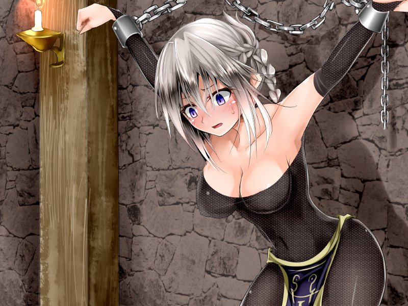 1girl 73gou_koudou arms_up bdsm blush bondage bound braid breasts candle chain cleavage covered_erect_nipples female_focus game_cg grey_hair impossible_clothes kappamaru lilitales open_mouth purple_eyes solo sweat