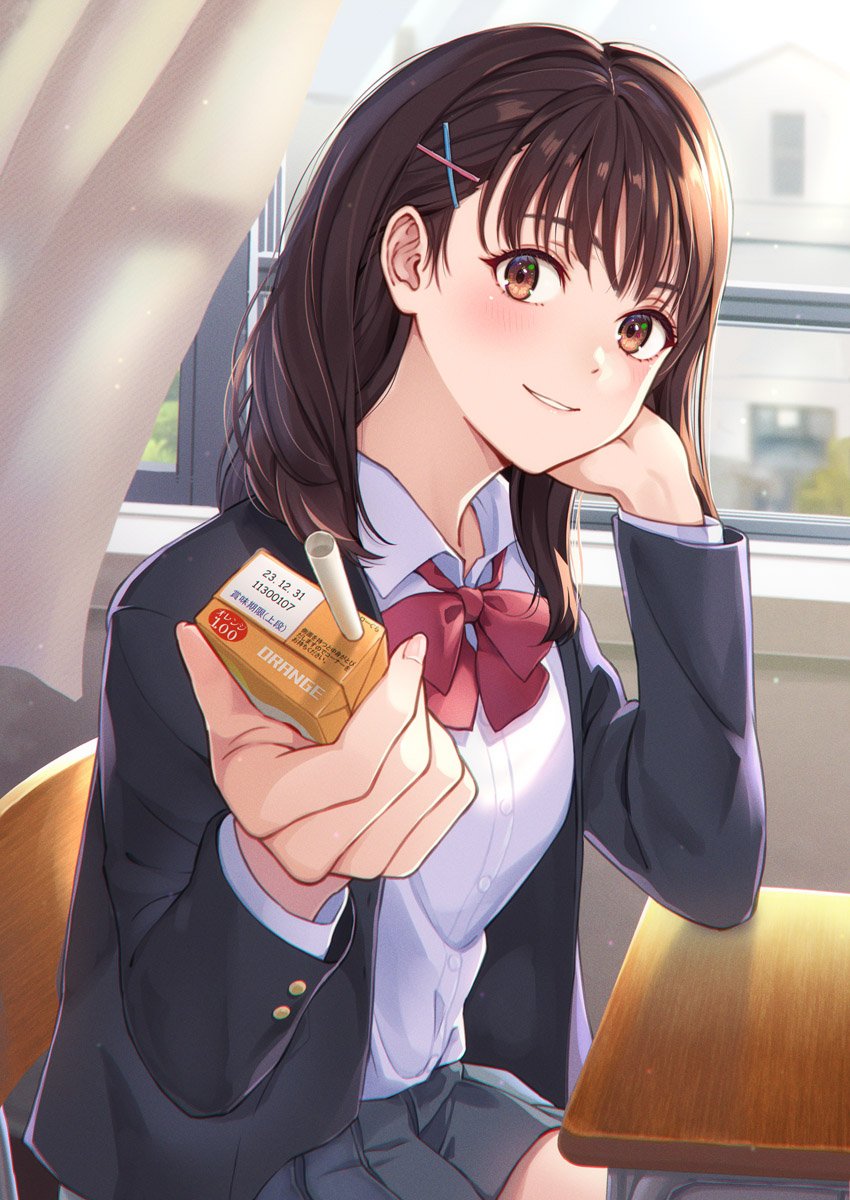 1girl black_jacket blazer bow bowtie brown_eyes brown_hair chair classroom collared_shirt commentary_request desk drinking_straw grey_skirt hand_on_own_cheek hand_on_own_face highres indoors jacket juice_box kanden_sky long_hair long_sleeves looking_at_viewer open_clothes open_jacket original pleated_skirt red_bow red_bowtie school_chair school_desk school_uniform shirt skirt smile solo white_shirt window