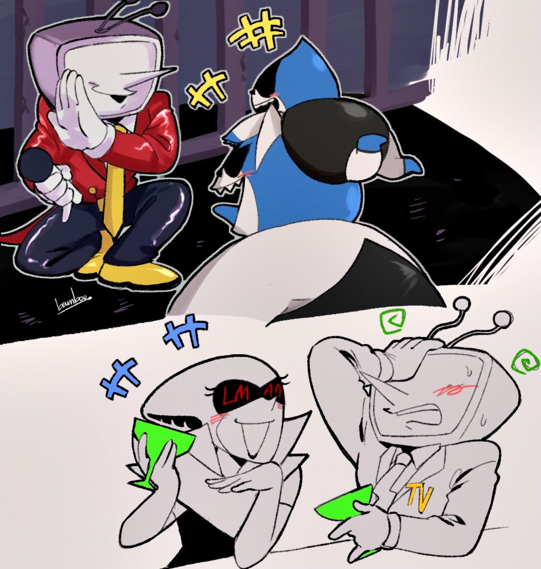 +++ 1girl 3boys ant_tenna bamboo_617 black_pants blue_boots blue_tongue blush boots collared_shirt colored_tongue commentary_request cup deltarune drinking_glass holding holding_cup holding_microphone king_(deltarune) lancer_(deltarune) microphone multiple_boys necktie object_head on_head open_mouth pants pointy_nose queen_(deltarune) sharp_teeth shirt shoes smile tailcoat teeth white_shirt yellow_necktie yellow_shoes