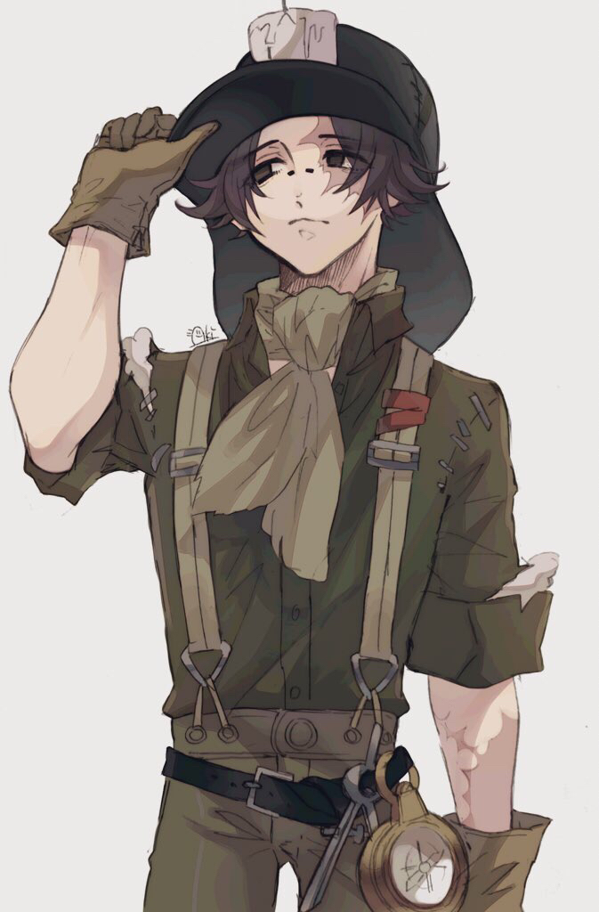 1boy adjusting_clothes adjusting_headwear arm_at_side arm_up baseball_cap belt black_belt black_eyes black_hair black_hat brown_gloves buttons candle candle_on_head closed_mouth collared_shirt cowboy_shot dress_shirt flipped_hair gloves green_shirt grey_neckerchief grey_pants hanabata0320 hat headwear_request identity_v looking_to_the_side male_focus neck_flap neckerchief norton_campbell open_collar overalls pants seams shirt short_hair sideways_glance signature solo split_mouth standing straight-on white_background wing_collar