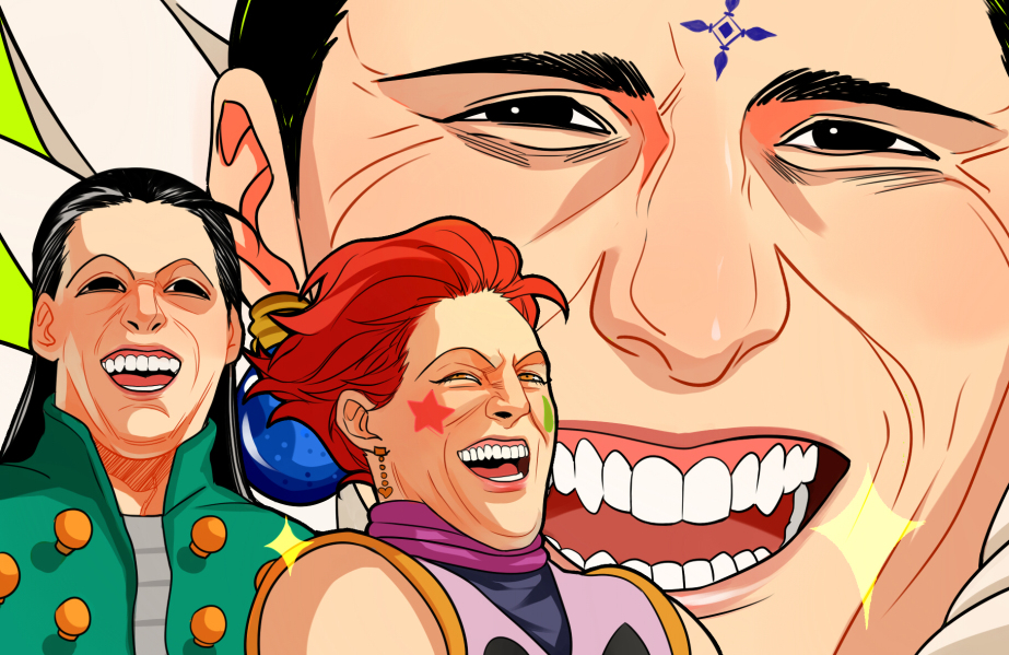 3boys black_eyes black_hair chrollo_lucilfer close-up earrings facepaint hisoka_morow hunter_x_hunter illumi_zoldyck jewelry kilva_lollop laughing laughing_tom_cruise_(meme) long_hair male_focus meme multiple_boys open_clothes red_hair short_hair sparkle squinting yellow_eyes