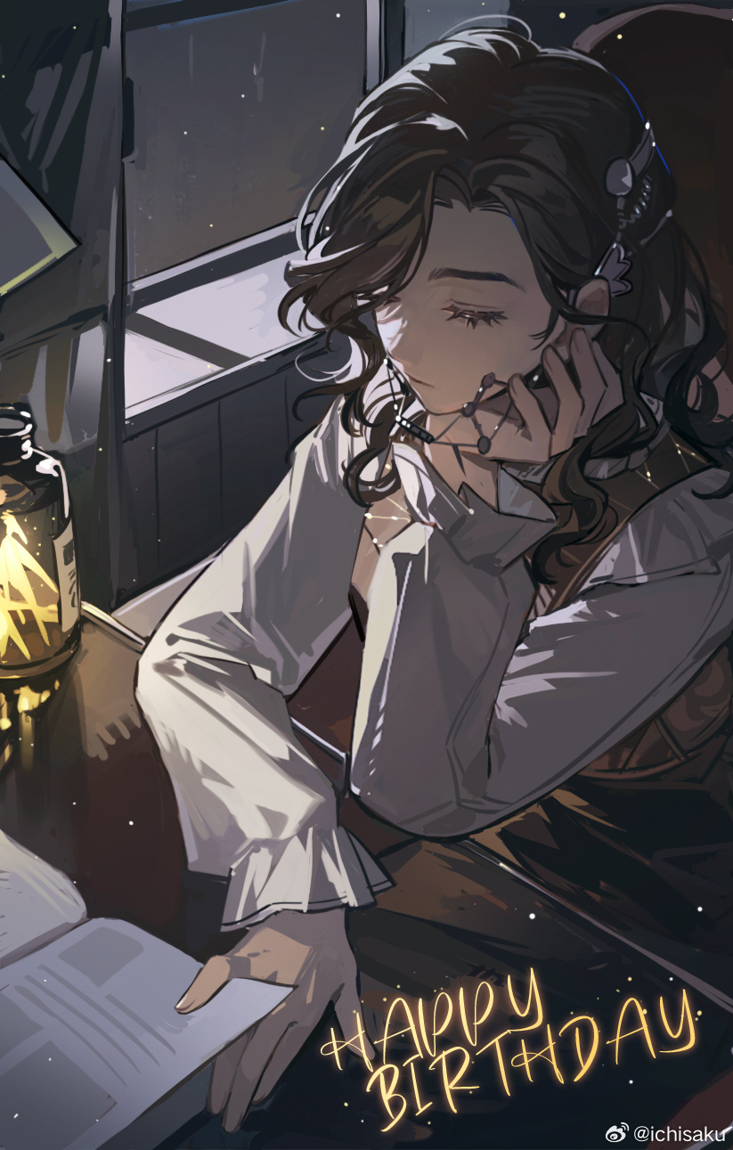 1girl book braces brown_hair closed_eyes closed_mouth creature curly_hair dress fairy from_above hand_on_own_cheek hand_on_own_face happy_birthday highres ichisaku indoors jar long_hair long_sleeves night night_sky open_book red_dress reverse:1999 shirt sitting sky sleeveless sleeveless_dress solo table tooth_fairy_(reverse:1999) turning_page upper_body watermark weibo_watermark white_shirt window