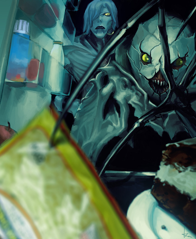 cake cake_slice death_note earrings food hoop_earrings jewelry lips monster pngheavy refrigerator rem_(death_note) sharp_teeth shinigami sidoh teeth