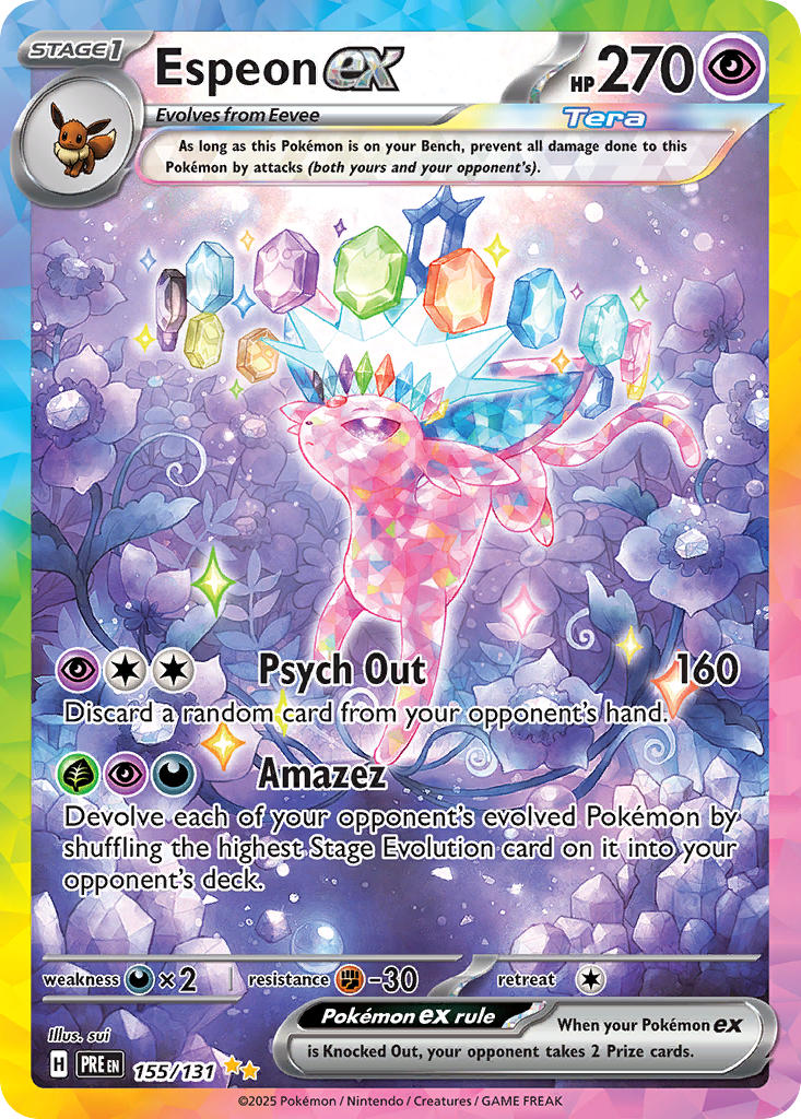 animal_focus artist_name card_(medium) character_name company_name copyright_name copyright_notice eevee english_text espeon flower gem gen_1_pokemon gen_2_pokemon nintendo no_humans official_art pokemon pokemon_(creature) pokemon_card pokemon_focus pokemon_tcg solo sparkle sui_(petit_comet) terastallization third-party_source trading_card