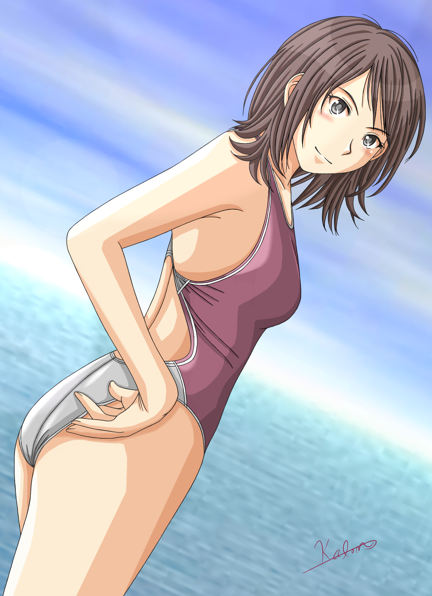 1girl adjusting_clothes adjusting_swimsuit amagami brown_hair cloud cloudy_sky day from_behind grey_one-piece_swimsuit highres karoron looking_back medium_hair ocean one-piece_swimsuit outdoors purple_one-piece_swimsuit racerback signature sky smile solo standing swimsuit takahashi_maya two-tone_one-piece_swimsuit