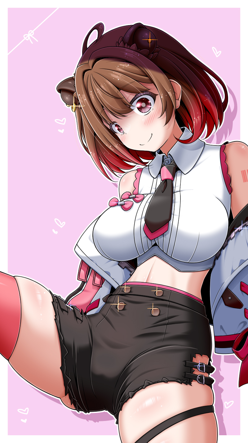 1girl animal_ears arm_tattoo barcode barcode_tattoo black_shorts blush breasts brown_hair capybara_ears capybara_girl closed_mouth collared_shirt commentary commentary_request cowboy_shot crop_top drop_shadow gradient_hair heart highres impossible_clothes impossible_shirt jacket jacket_partially_removed large_breasts looking_at_viewer midriff miso_panda multicolored_hair nanashi_inc. navel pink_background pink_thighhighs red_eyes red_hair shirt short_hair shorts skindentation sleeveless sleeveless_shirt smile solo symbol-only_commentary tattoo thighhighs virtual_youtuber white_jacket white_shirt yunohara_izumi