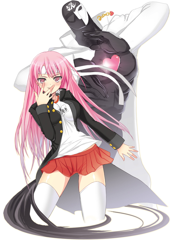 breasts char gakuran headband jacket jojo_no_kimyou_na_bouken large_breasts long_hair miniskirt original parody pink_eyes pink_hair school_uniform serafuku skirt smile solo stand_(jojo) thighhighs zettai_ryouiki
